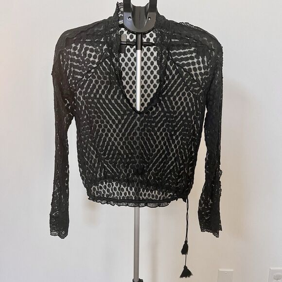 Free People Women’s Size Medium Polka Dot Sheer Veronica Top Black Lace V-neck - Picture 2 of 9